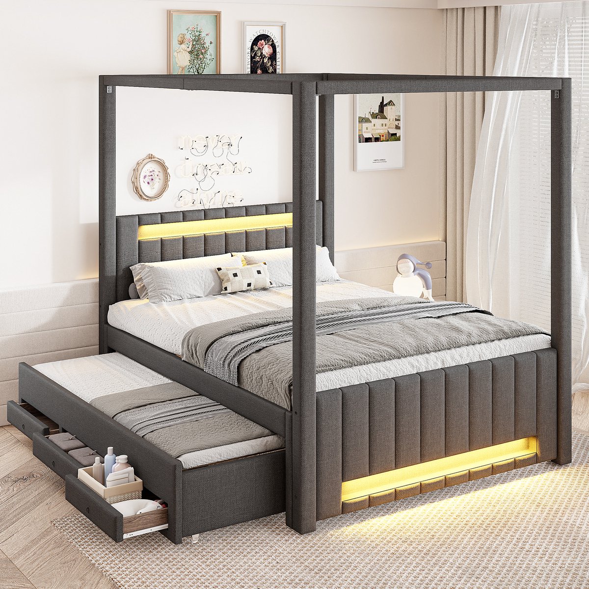 MIVRAY Hemelbed 140x200 cm - Gestoffeerd Bed Met Uitschuifbed, Ledverlichting En 3 Laden - Zonder Matras - Linnen - Grijs