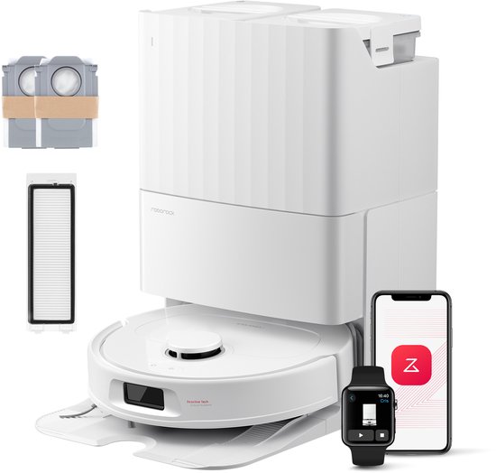 Roborock QV 35S Set-Robotstofzuiger–10000 Pa zuigkracht–Dubbele anti-klitborstels–Slimme obstakelvermijding–Dubbele opklapbare–Draaiende dweilen–Automatisch dweilen–Zelfdrogend–twee stofzuigerzakken en één filter-Wit–Qrevo plus Upgrade