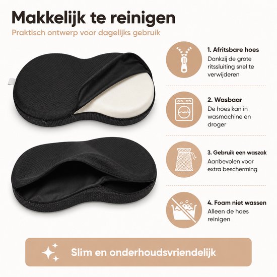 Zwart autostoelkussen met afneembare, wasbare hoes, met ritssluiting.