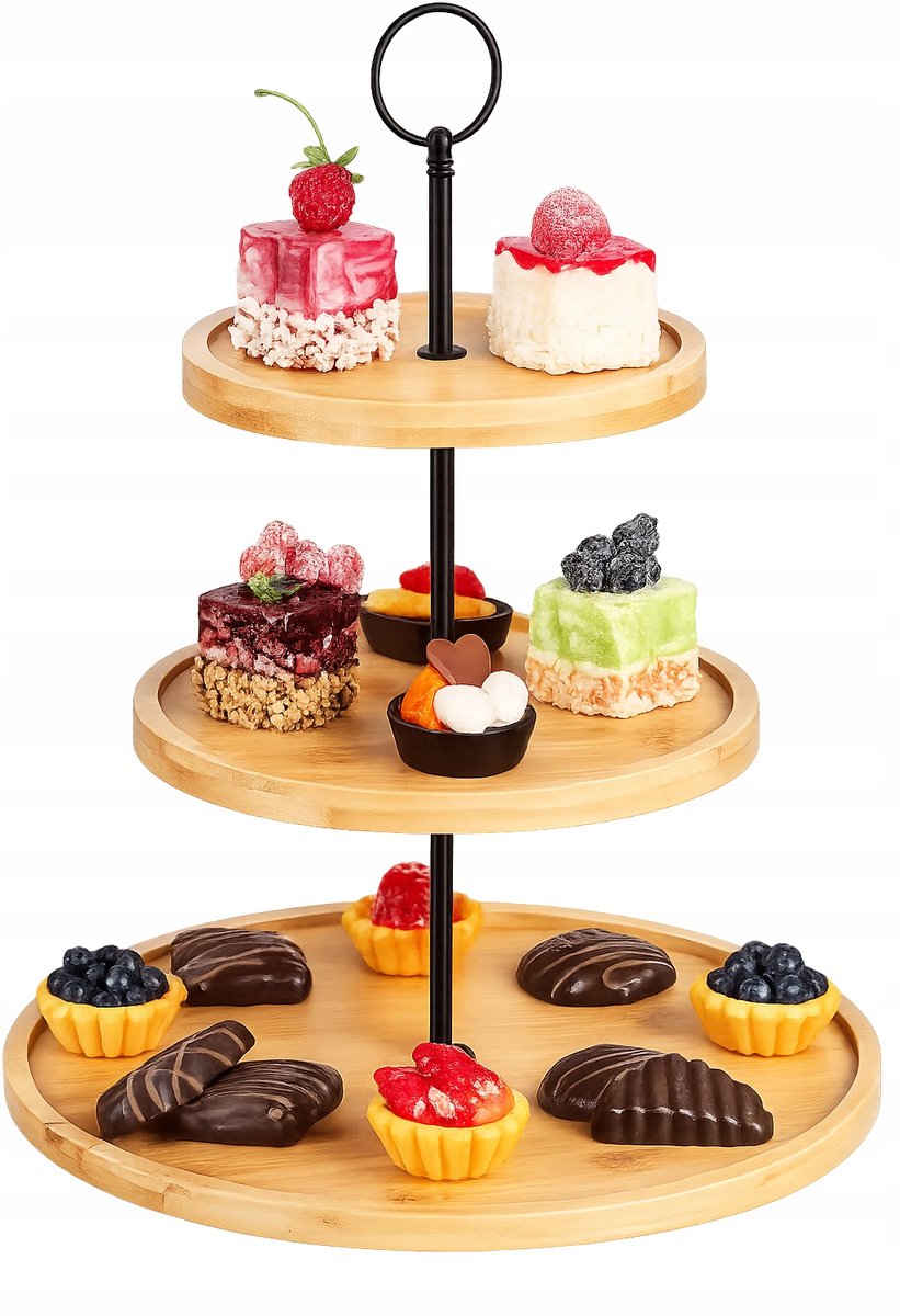 Krisberg Etagère - 3 laags - Bamboe & Metaal - Dessertstandaard 34 cm