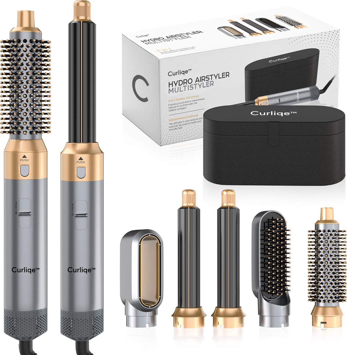 Curliqe™ Föhnborstel - Airstyler - Krulborstel - Krultangen - 5 in 1 Multistyler - Met Opbergcase - Grijs Goud
