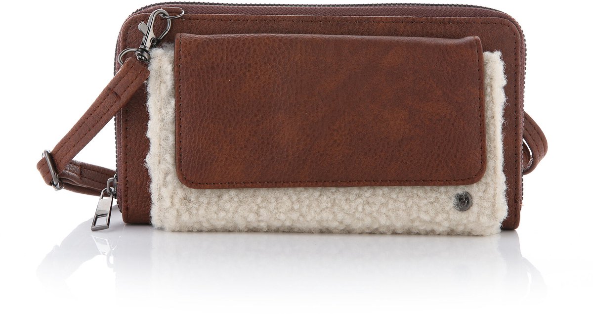 She life style - beige teddy crossbody portemonnee met een speciaal vak voor je telefoon - Bruin