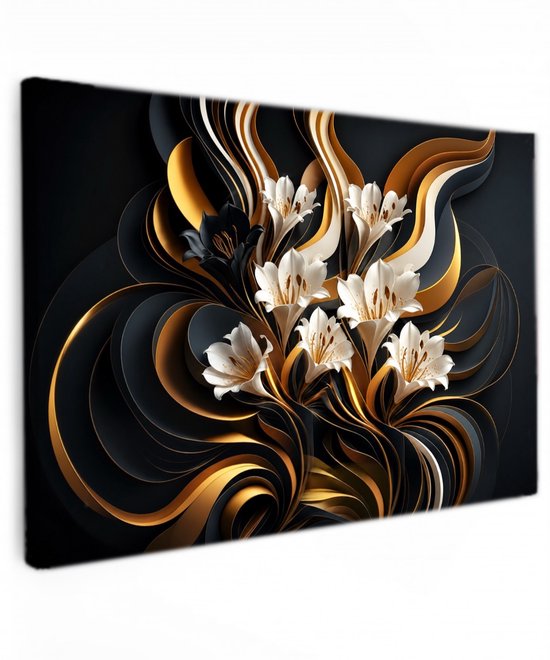 Canvas Schilderij abstracte bloemen – Gold & Black Elegance - 60x40 cm - woonkamer - wanddecoratie