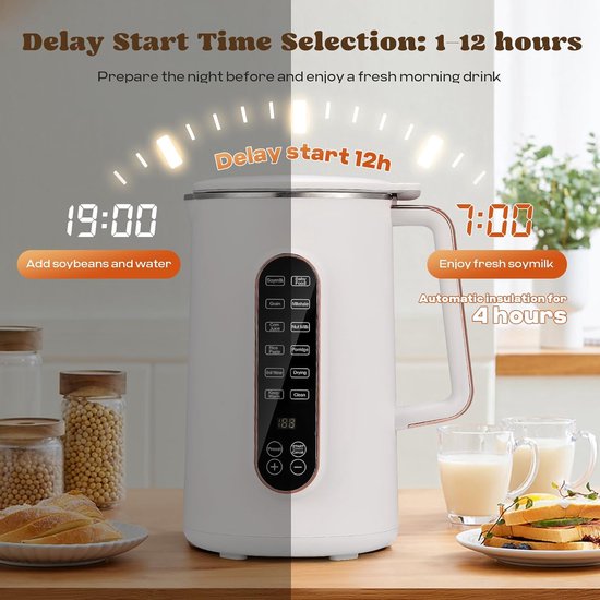 Notenmelkmaker, 1,2 liter, 8-in-1 automatische sojamelkmachine voor amandel-, haver- en melkvrije dranken, 10 messen, 12 uur vertragingstart, zelfreiniging en warmhoudfunctie, 220 V van Merkloos — afbeelding 4