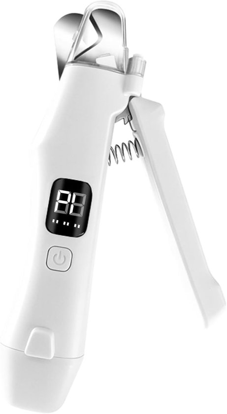 Witte nagelknipper met een digitaal display en een aan/uit-knop.