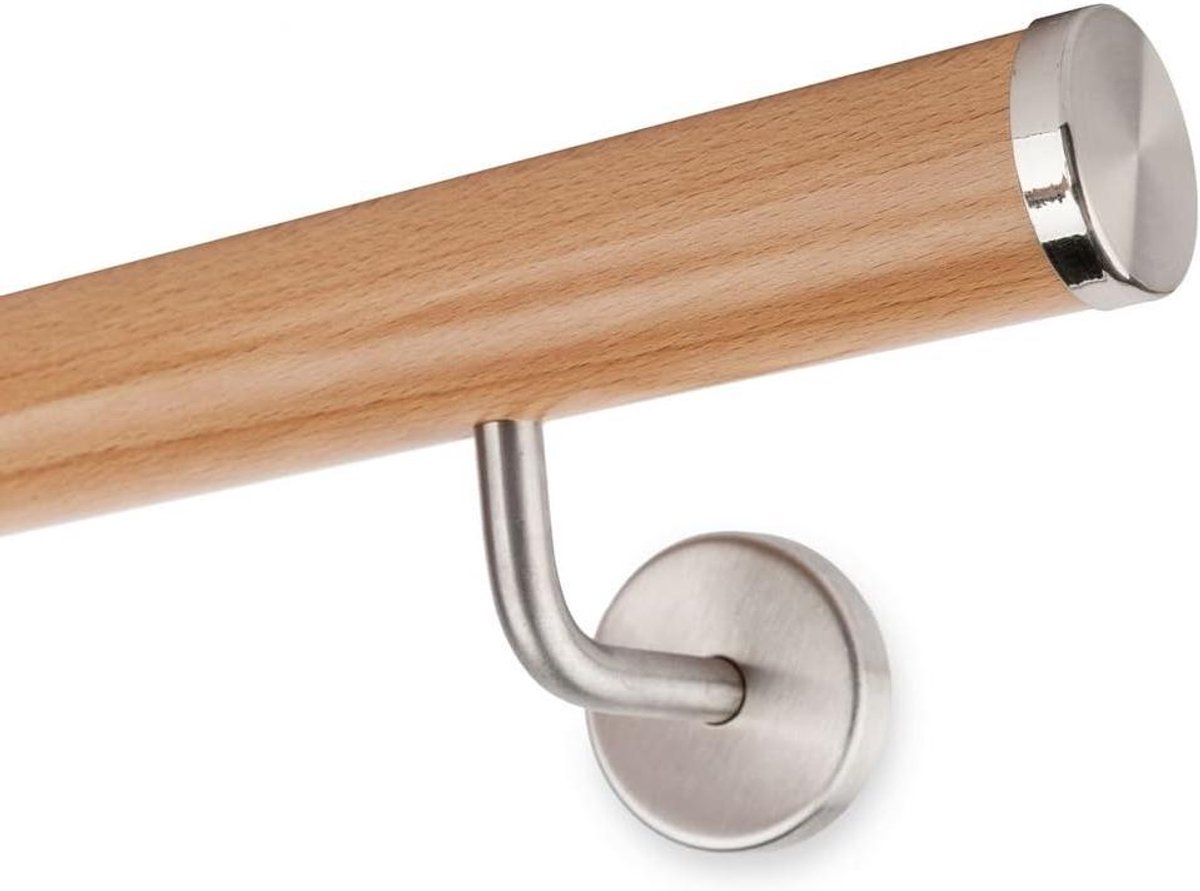 Leuning set beuken - Trapleuning hout - Veilig traplopen - Inclusief houders - 100 cm - Mat staal