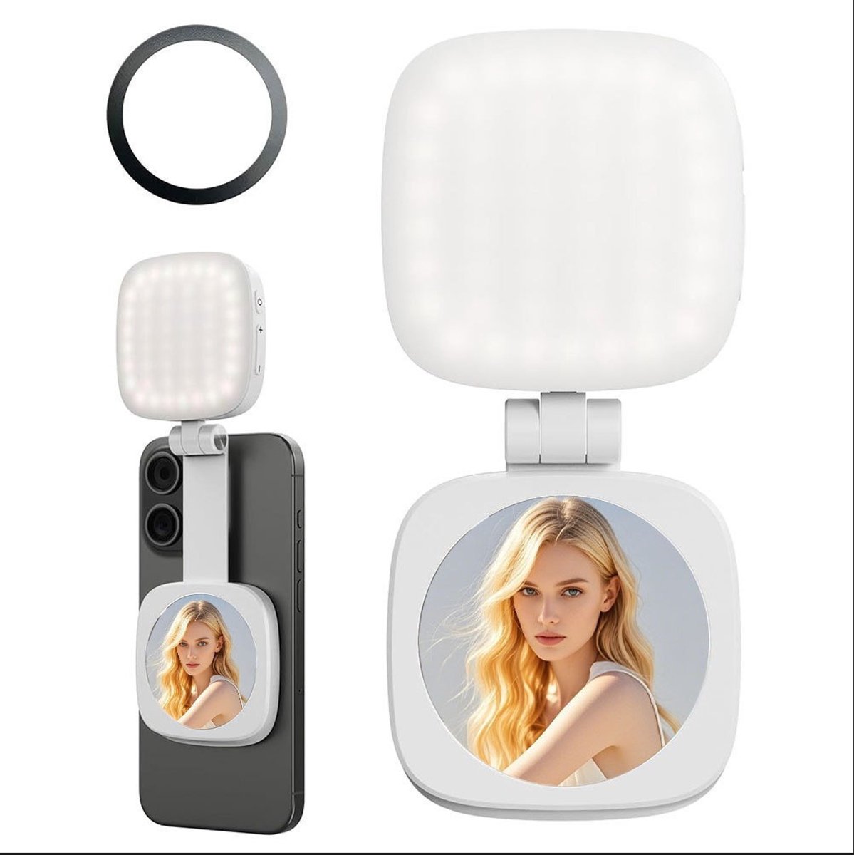 Basics Magnetische selfielamp **Geschikt voor** MagSafe iPhone, tweekleurige LED-ringlamp 2W, CRI 95+, 360° draaibaar, ingebouwde spiegel voor make-up en videobellen, NL72B Wit