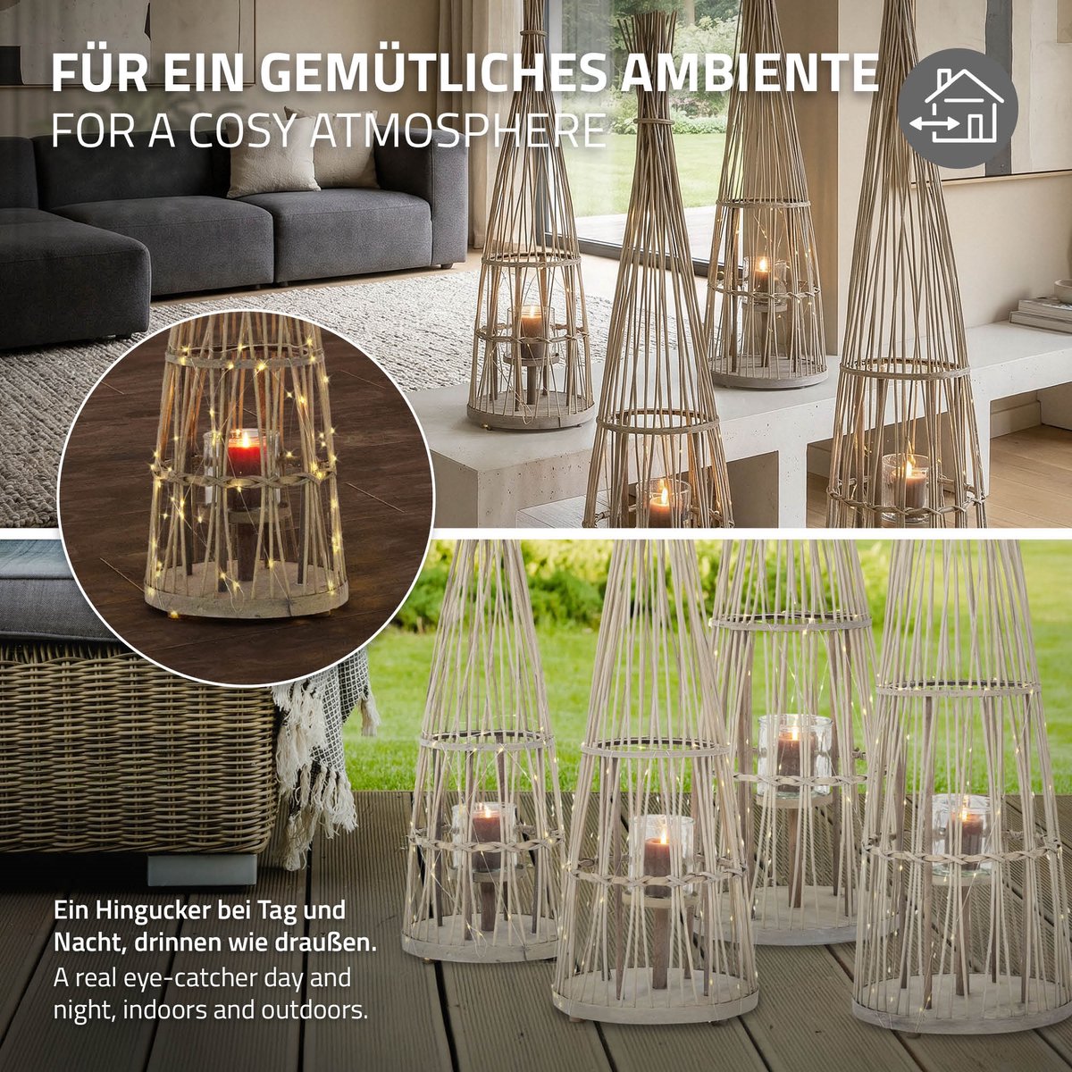 ECD Germany Bamboe lantaarn decoratieve houten windlicht serie grote kaarsenhouder van 91 cm hoog, sfeervolle led lichtketting met glazen inzetstuk luxe boho stijl tuinlantaarn gevlochten look moderne decoratie voor binnen buiten terras en woonkamer — cadeau in Wonen & Interieur - foto 3