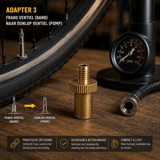 Dunlop 3-delige set ventieladapters fietsventiel adapter AV-DV/DV/FV-AV/FV-DV 3-delige ventieladapter — afbeelding 4