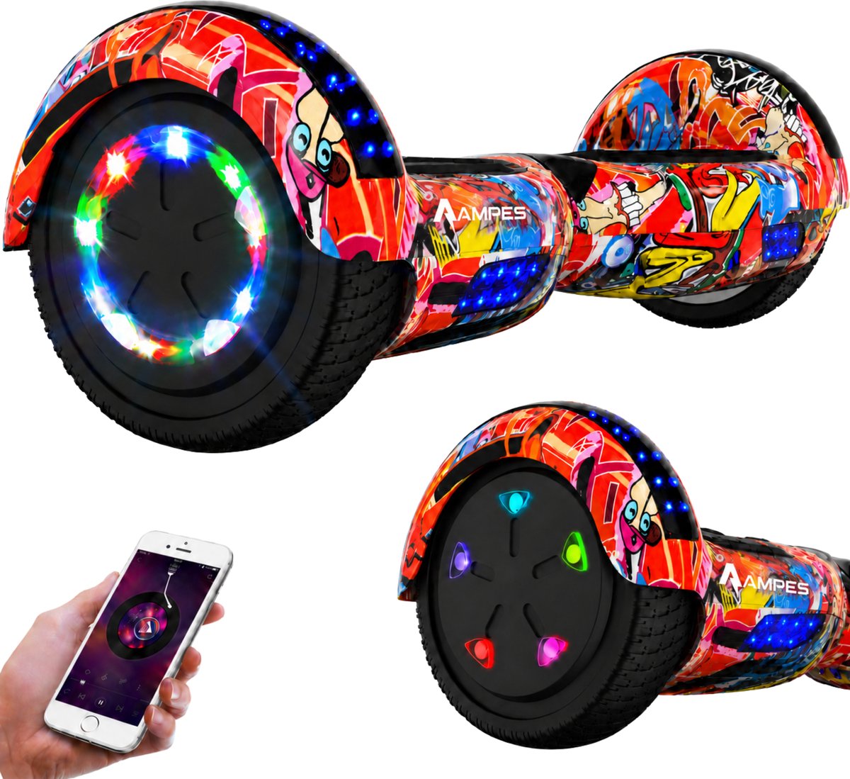 Ampes Hoverboard - Bluetooth Speaker - 24V 4.0 Ah Accu - Oxboard - 12 km/h - UL2272 Gecertificeerd - LED Verlichting - Anti lek banden - Belastbaar tot 120KG - 6.5 Inch - Inclusief Draagtas - 700W - Graffiti