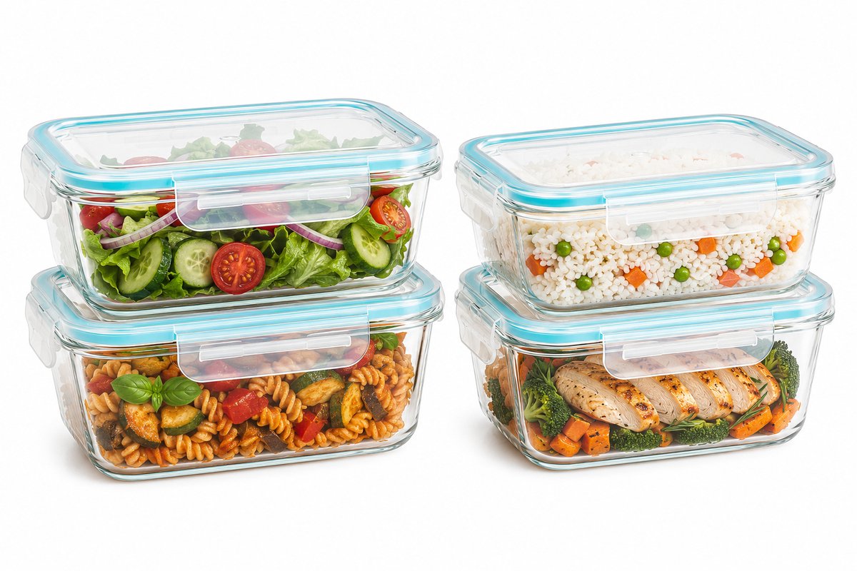 Vershoudbakjes Glas Set van 4 - Meal Prep Bakjes 1.18L - Glazen Diepvriesbakjes met Deksel - Lunchbox Glas