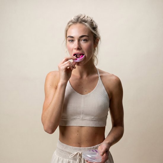 Vrouw met blonde paardenstaart met een roze en wit mondbeschermer in haar mond, draagt een beige sportbeha.