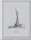 BOOX Go 10.3 (Gen II) e-reader met styluspen, lichtgrijs, met een schets van een futuristische toren.