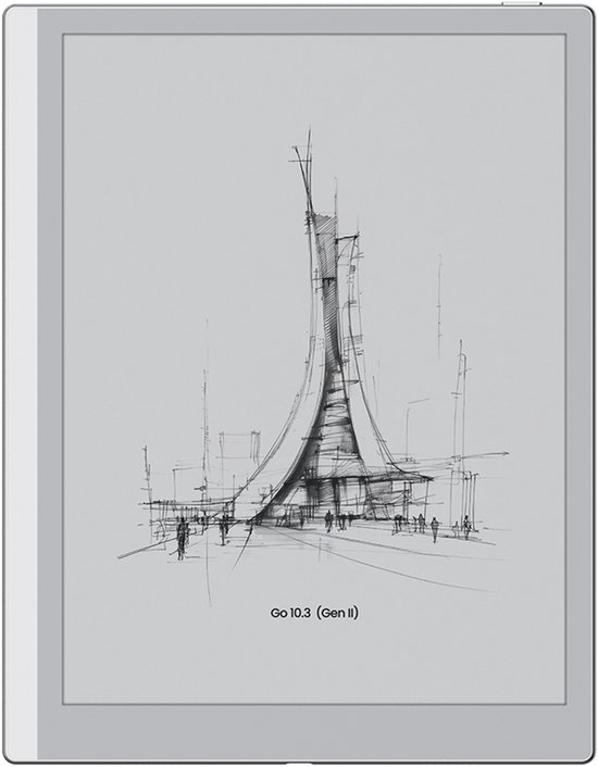 BOOX Go 10.3 (Gen II) e-reader met styluspen, lichtgrijs, met een schets van een futuristische toren.