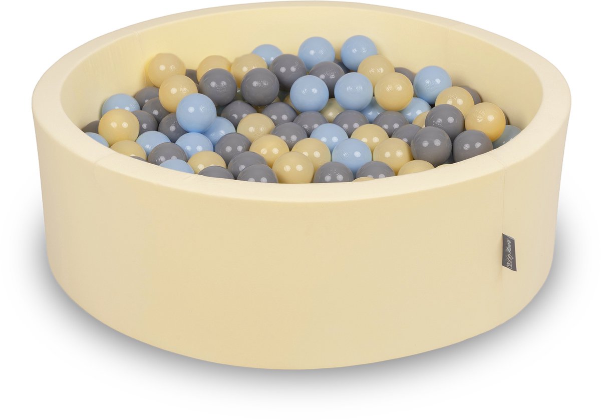 KiddyMoon Schuim Ballenbak Baby 90x30cm 200 Ballen - Ballenbad Sensorisch - Wasbare Hoes - Botergeel: Pastelblauw Pastelgeel Grijs