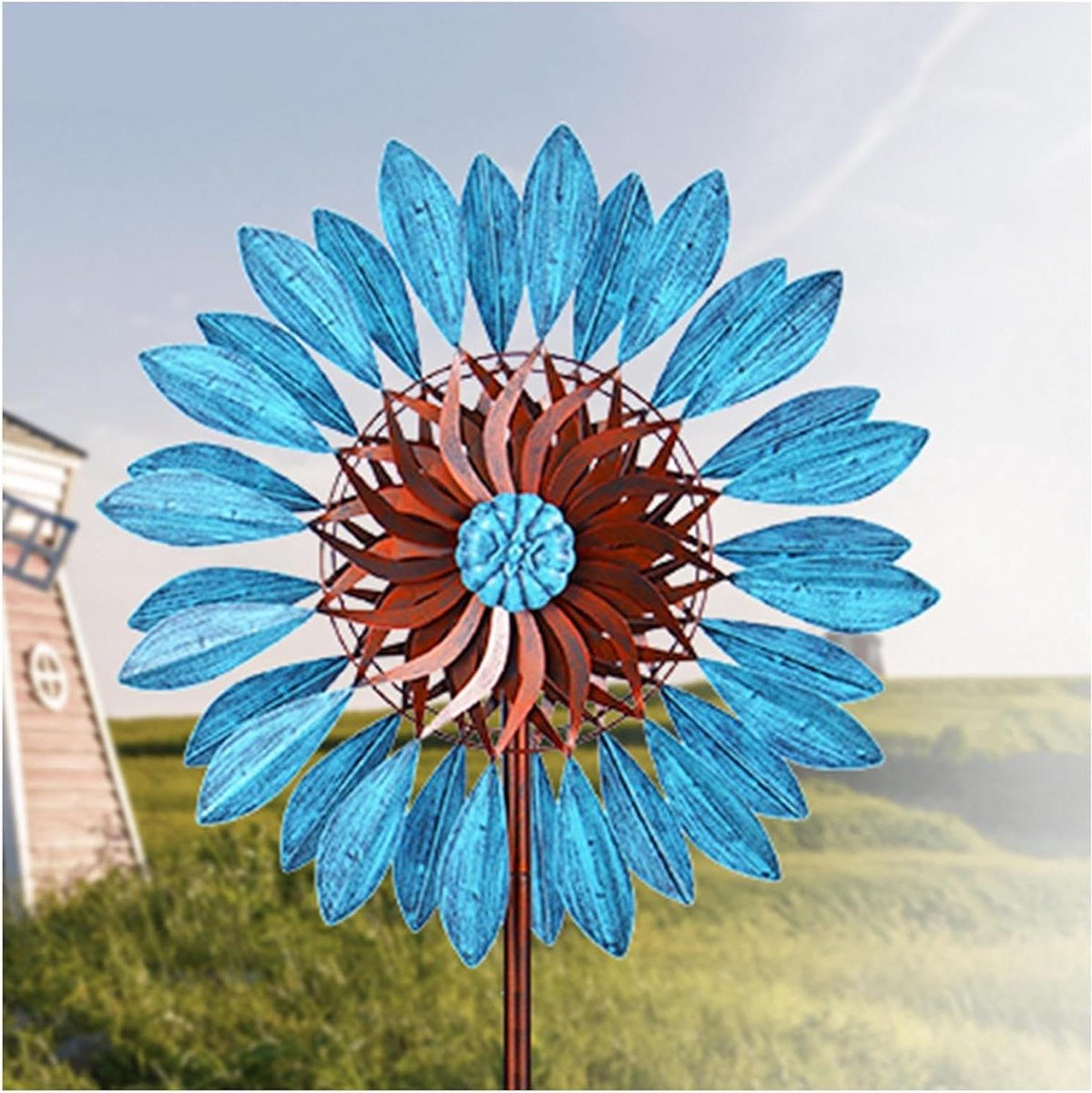 Grote Windspinner - Tuindecoratie Metaal - Tuin Verfraaien - Dubbele Rotoren 360° - 24x84 Inch - Brons Blauw