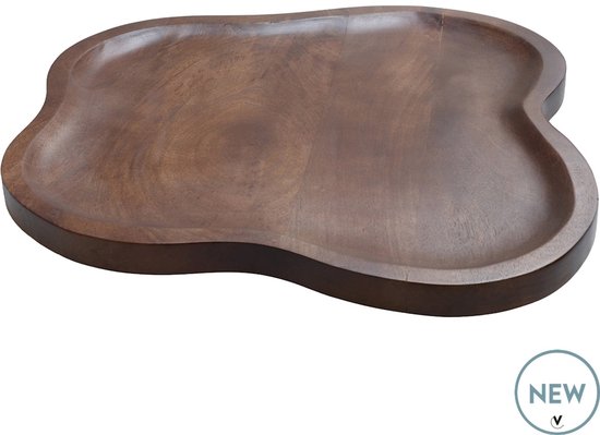 Een bruin, walnoot houten dienblad met een organische, onregelmatige vorm. Het hout heeft een zichtbare nerf.