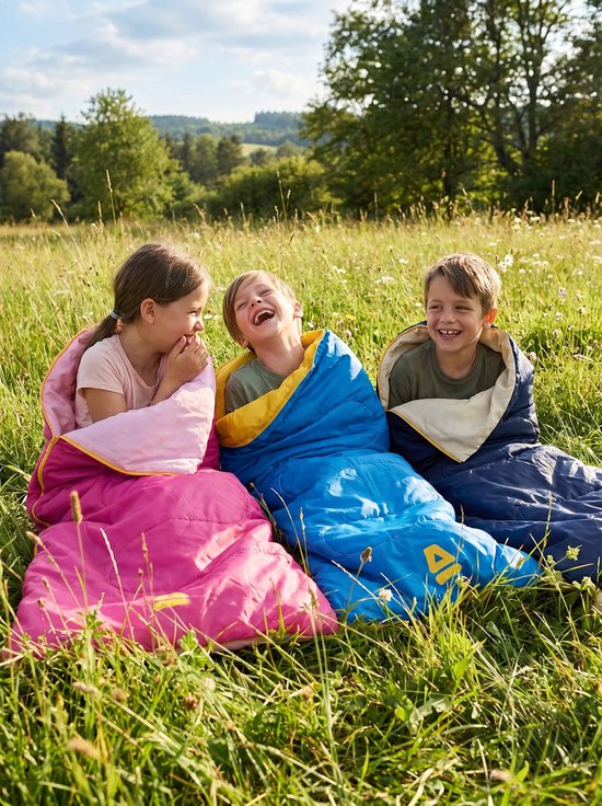 Drie kinderen, lachend, in felgekleurde slaapzakken in een zonnig grasveld.