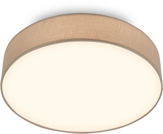 Plafonnier rond en tissu taupe avec diffuseur blanc, isolé sur fond blanc.