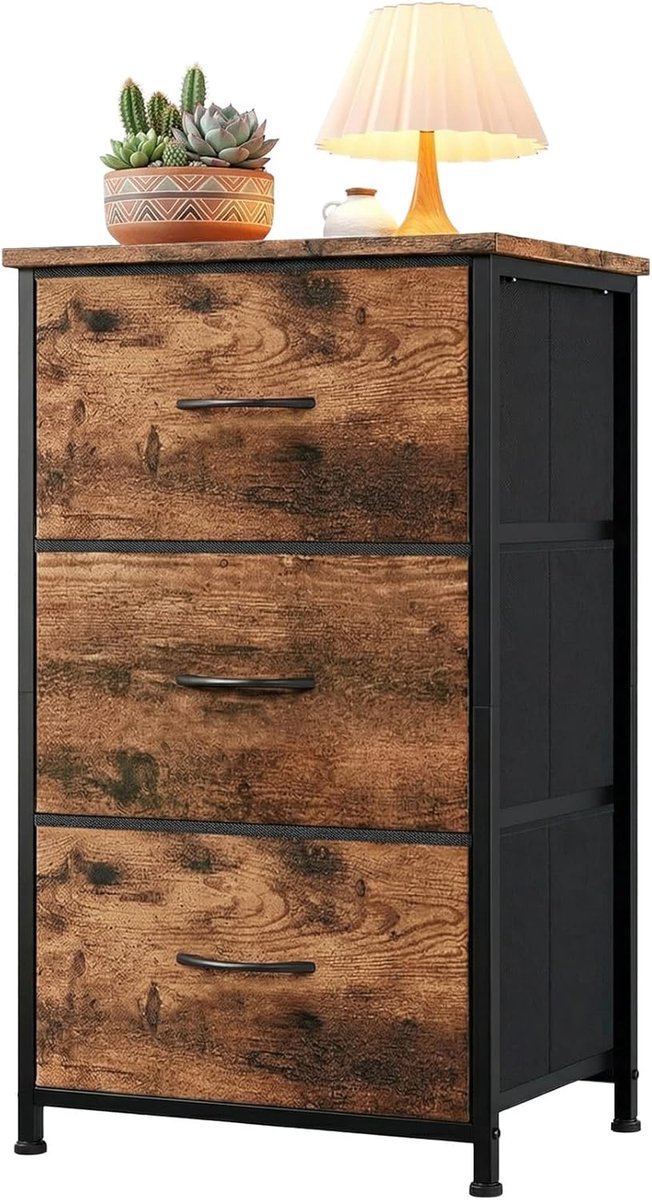 HOERFURIY Moderne Ladekast met 3 Stoffen Laden - Compacte Commode met Houten Bovenblad - Nachtkastje voor Slaapkamer, Woonkamer & Hal - bruin - 75 cm Hoog