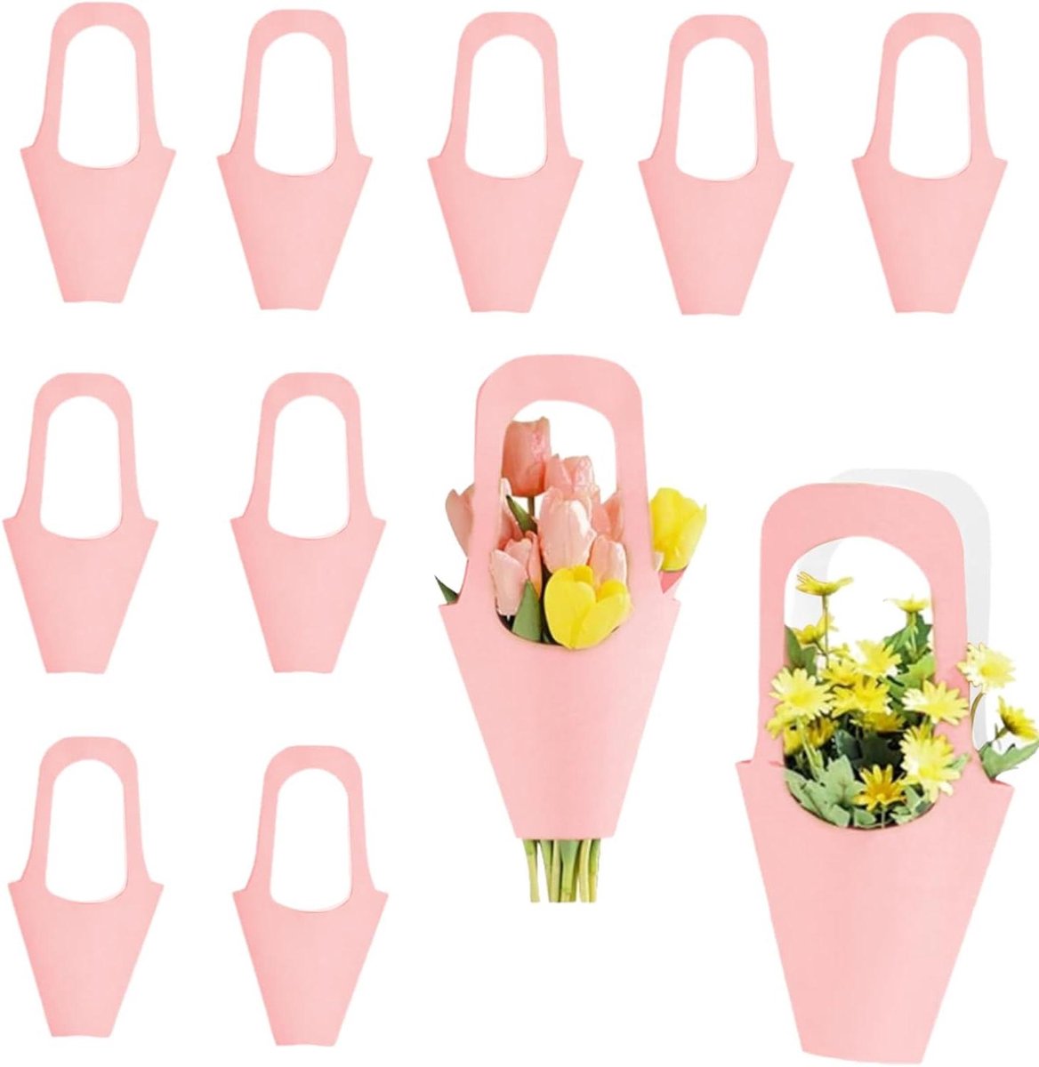 Bloemen Inpakpapier Zakjes - Boeket Zakjes - Bloemen Presenteren - Met Handvat - 60 stuks - Roze