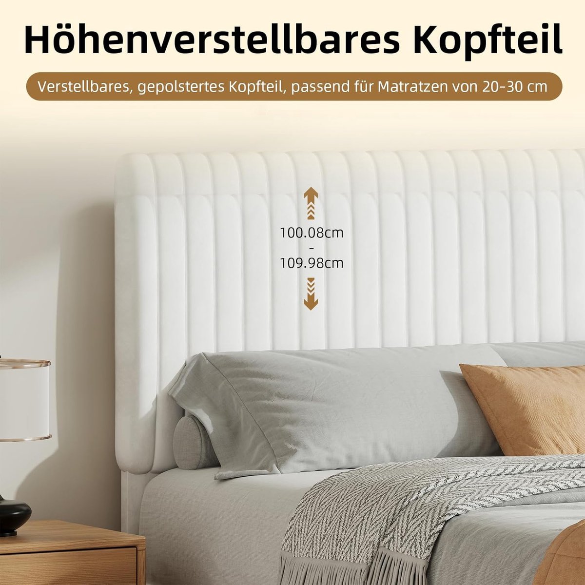 Gestoffeerd Tweepersoonsbed met Verstelbaar Hoofdeinde 140x200 cm Velvet Wit – Luxe Design Bedframe met Lattenbodem & Geluidsarme Constructie – Mobili Bella