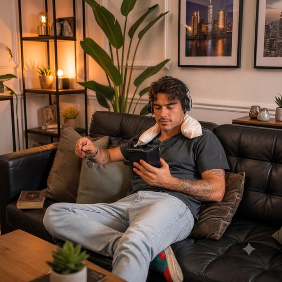 Man met nek warmtekussen zit op bank, kijkt op tablet. Lichtbruine kleur.