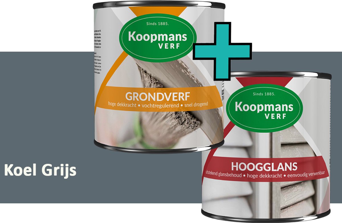 Koopmans Grondverf en Hoogglans Lakverf - set geschikt voor hout en metaal – Koel Grijs – 2x – 750 ml