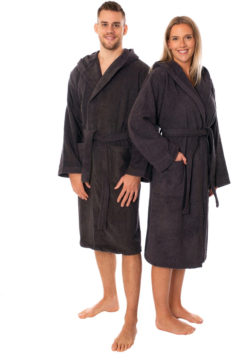 Lavea® Badjas Dames & Badjas Heren van 100% Katoen – Zachte Badjas van Badstof met Capuchon, Unisex Design, Ideaal voor Sauna & Thuis - XL - Antraciet