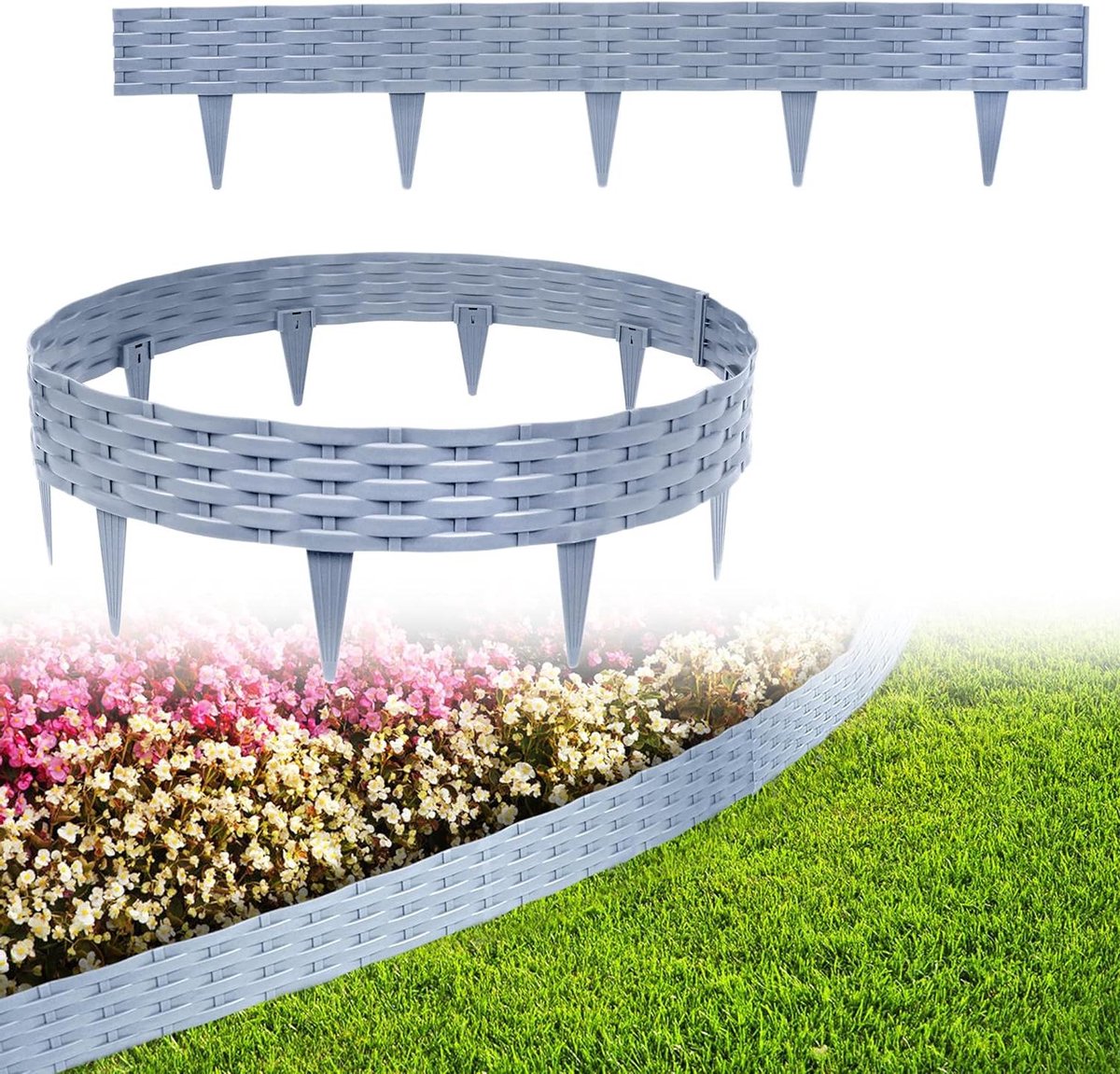 Gazonrand Kunststof - Bloembedomranding Tuinpaal - Tuin Afbakening - Rotan Look - 30 meter - Grijs