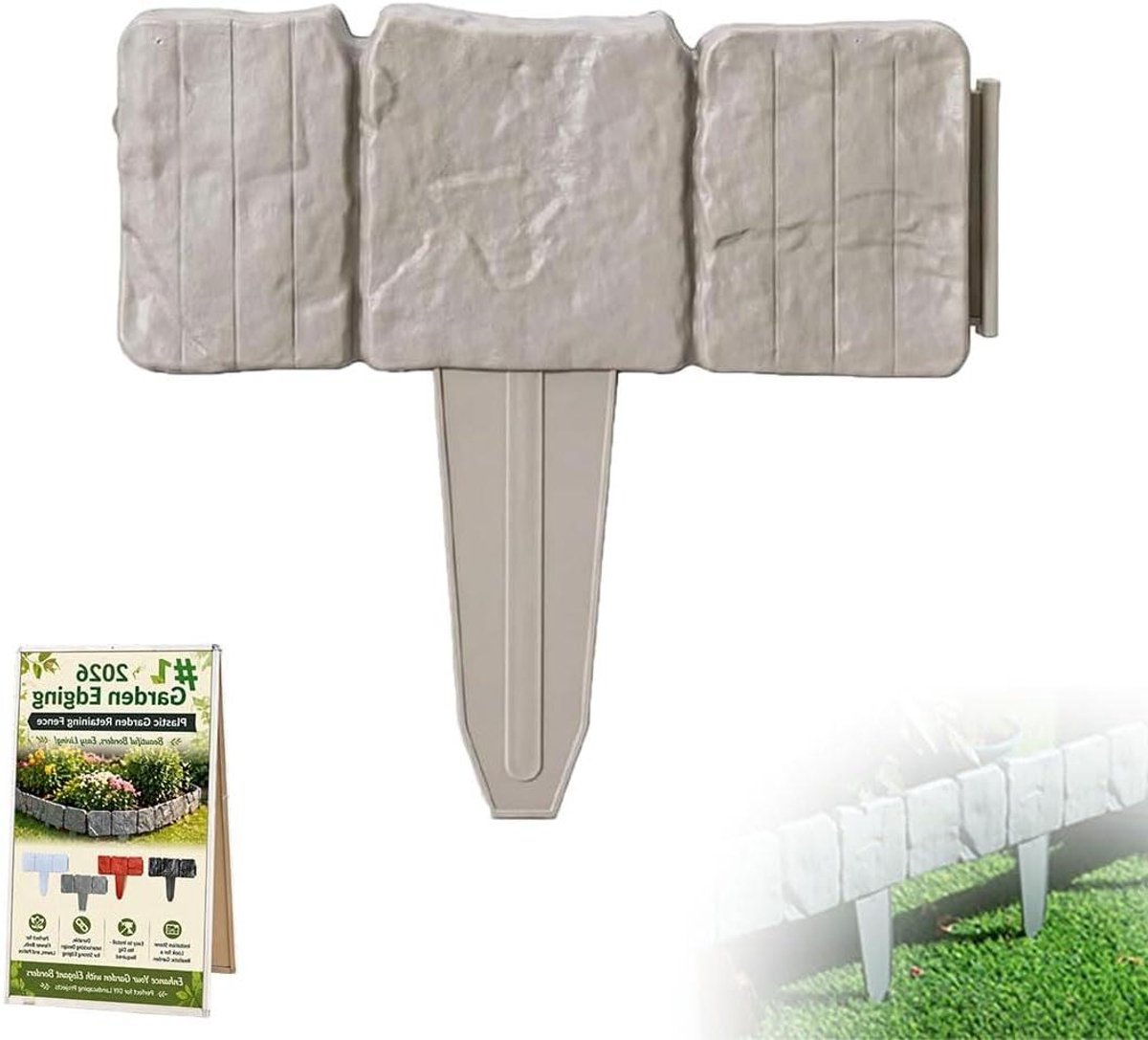 Kunststof Tuinhek - Bloembedrand Grasrand - Tuinrand Creëren - Imitatie Steen Uiterlijk - 10 stuks - Grijs
