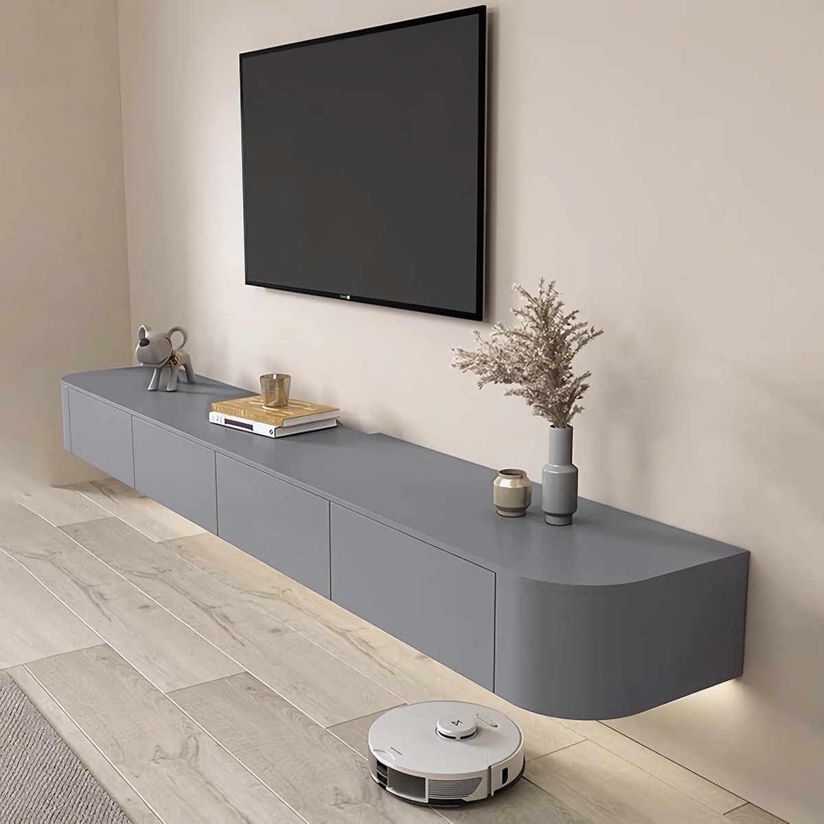 Zwevend TV-meubel 140 cm Hangend TV Kast Grijs Hout met Opbergruimte en Kabelmanagement Modern Lowboard Wandmontage – Mobili Bella