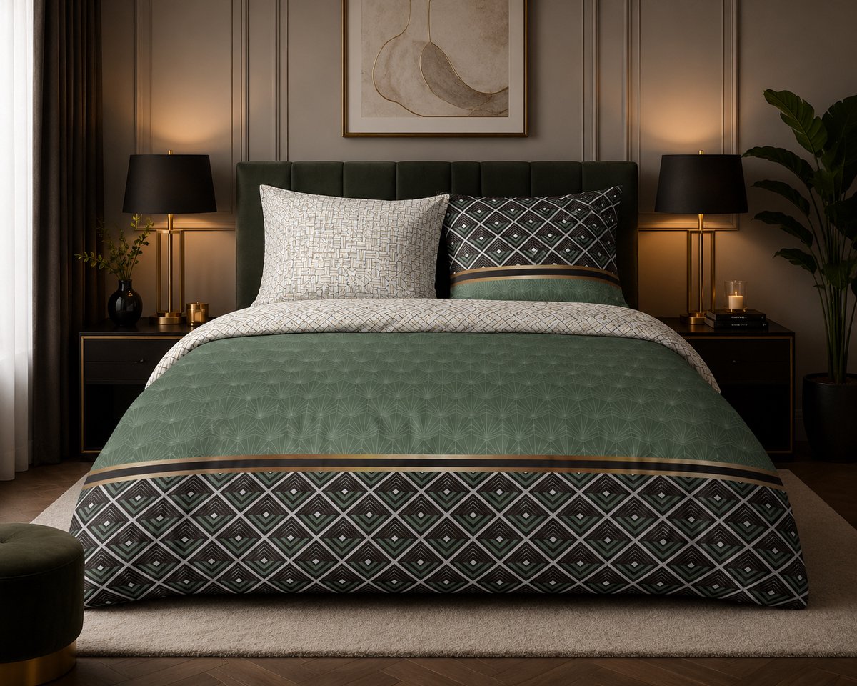 Dekbedovertrek Belor set 3-delig – 240 x 220 cm – Percale katoen – groen grafisch design – lits-jumeaux - Incl. 2 Slopen