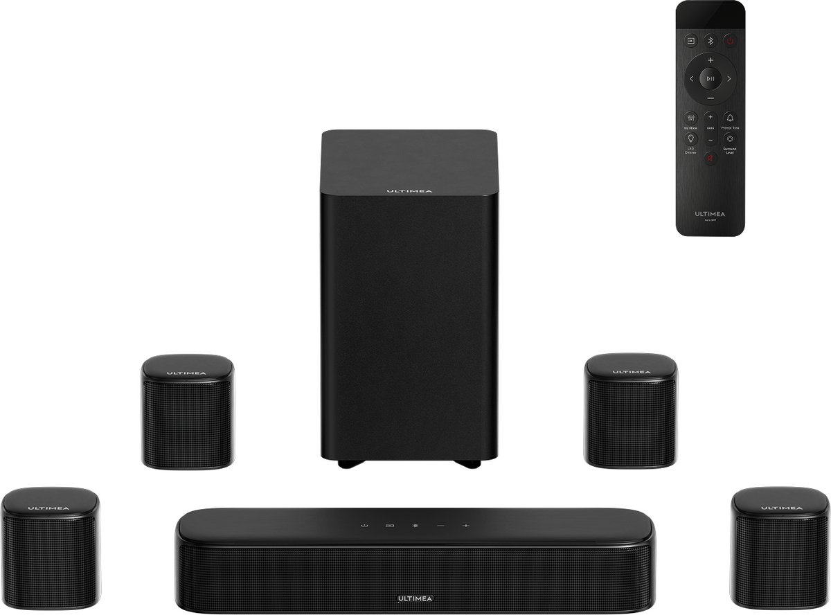 ULTIMEA Aura S4T 7.1-kanaals soundbar met 4 surroundluidsprekers, subwoofer, app-bediening, Bluetooth 6.0, HDMI/OPT/AUX, 350 W, Zwart