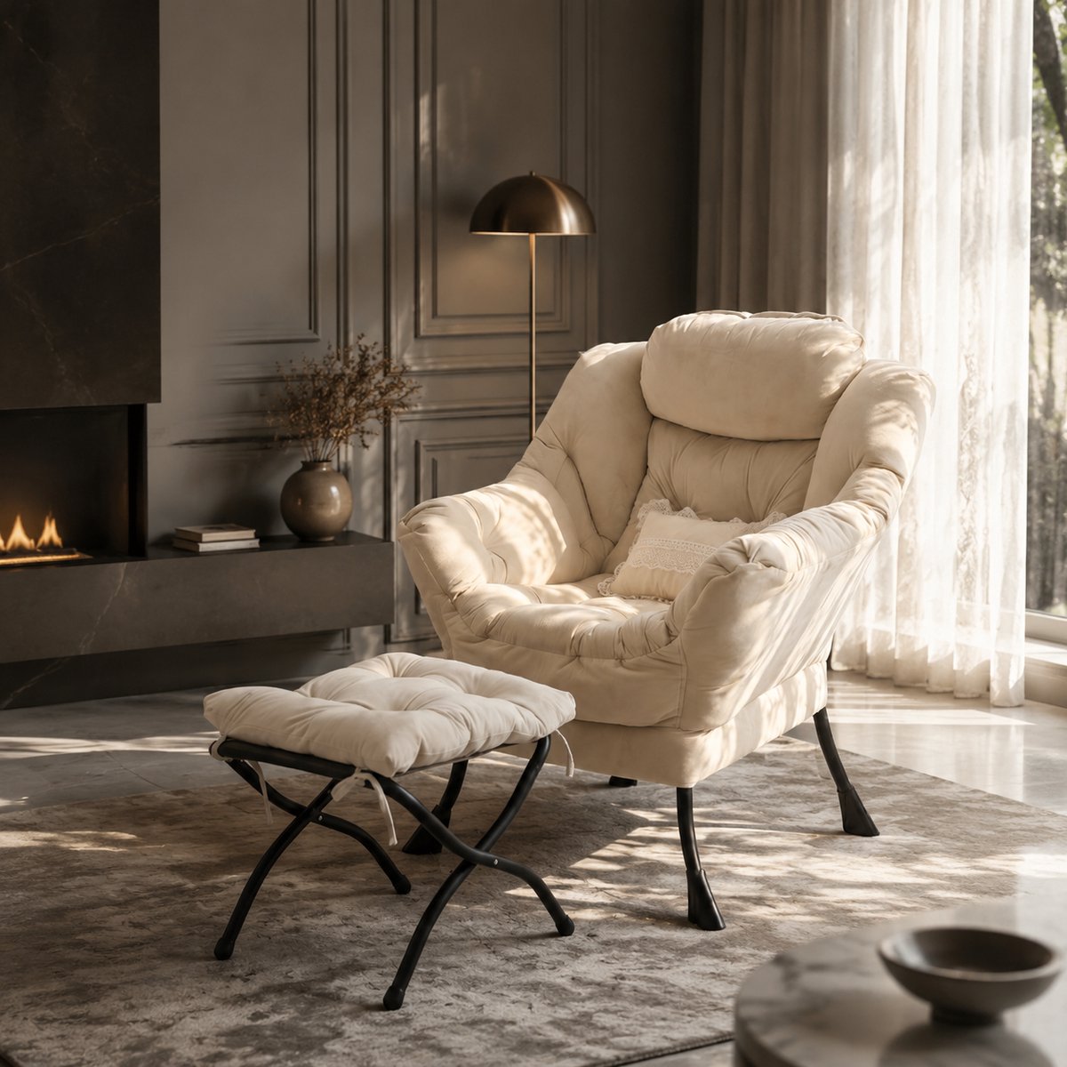 Ligstoel - Fauteuil & Poef Set - Ontspanningsstoel - Relaxstoel - Loungestoel - Comfortabele TV-stoel - Beige