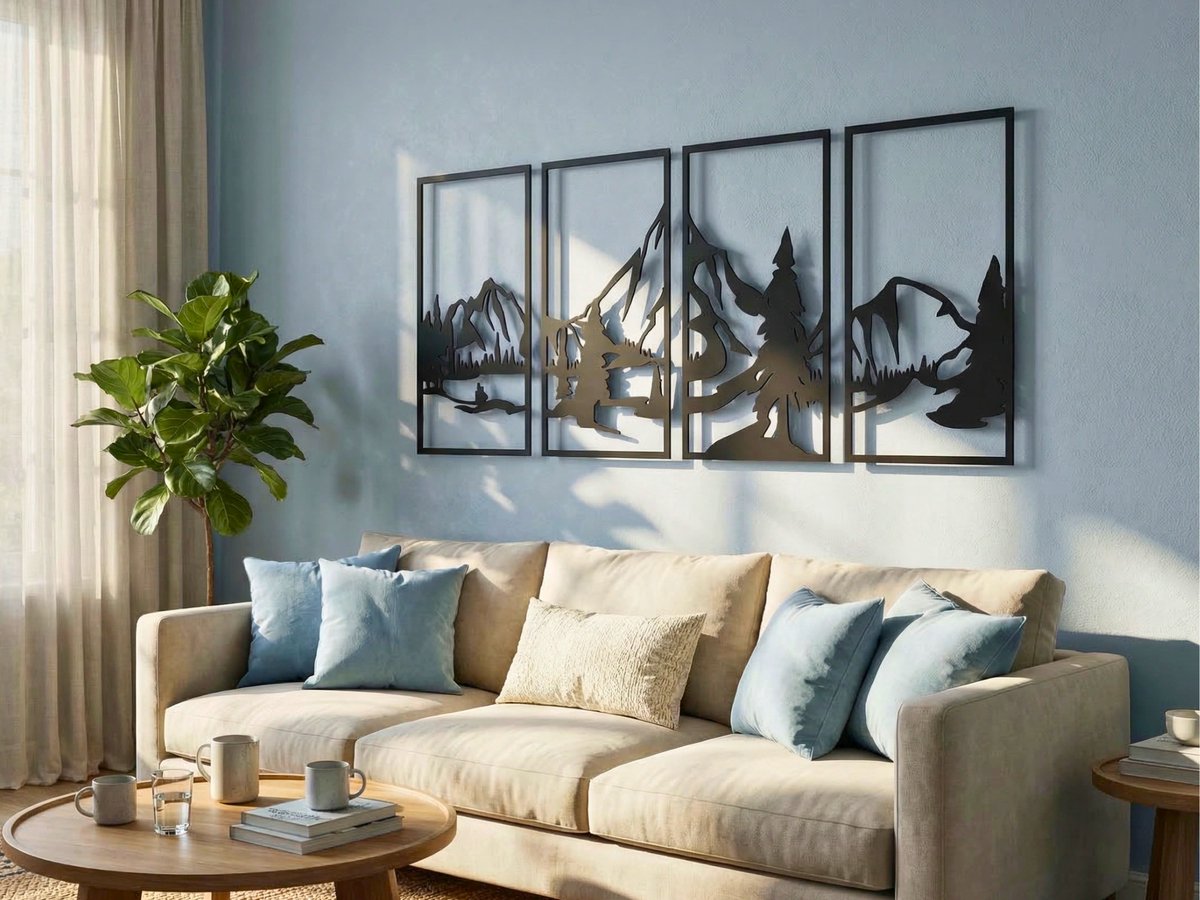 Wanddecoratie Bergen, Houten Wandbeeld, 3D Wanddecoratie voor Thuis, Moderne Beelden voor Huis Kantoor Slaapkamer, Woonkamer en Keuken - 120x52 cm