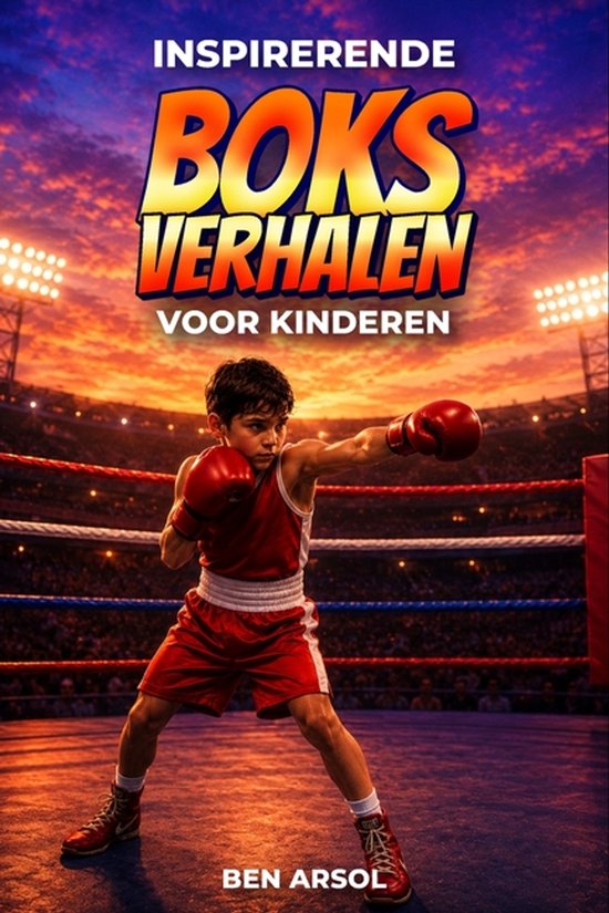 Jongen in boksoutfit slaat in de ring. Titel: Inspirerende boksverhalen voor kinderen. Auteur: Ben Arsol.