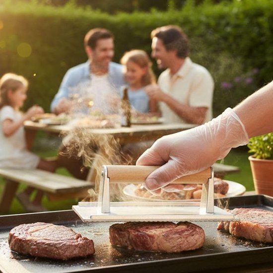 Steak Gewicht - Burger Press - Gelijkmatig Grillen - Houten Handvat - 20x10 cm - Aluminium — afbeelding 3