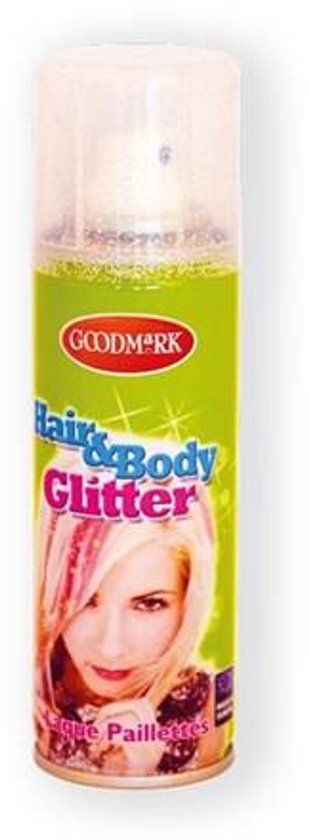 Goodmark haar- en bodyglitter spray in een groene bus, met een afbeelding van een vrouw.