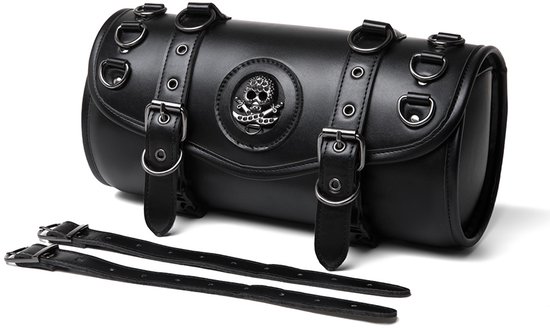 Kraftverdia-Motorfietsgereedschapstas – Gereedschapsrol in vintagestijl – Voor Harley & Cruisers – Zwart PU-leer – Skull-design – Universele tas voor vork/zadeltas – Gereedschapstas voor voormontage – Tas voor bagagerek