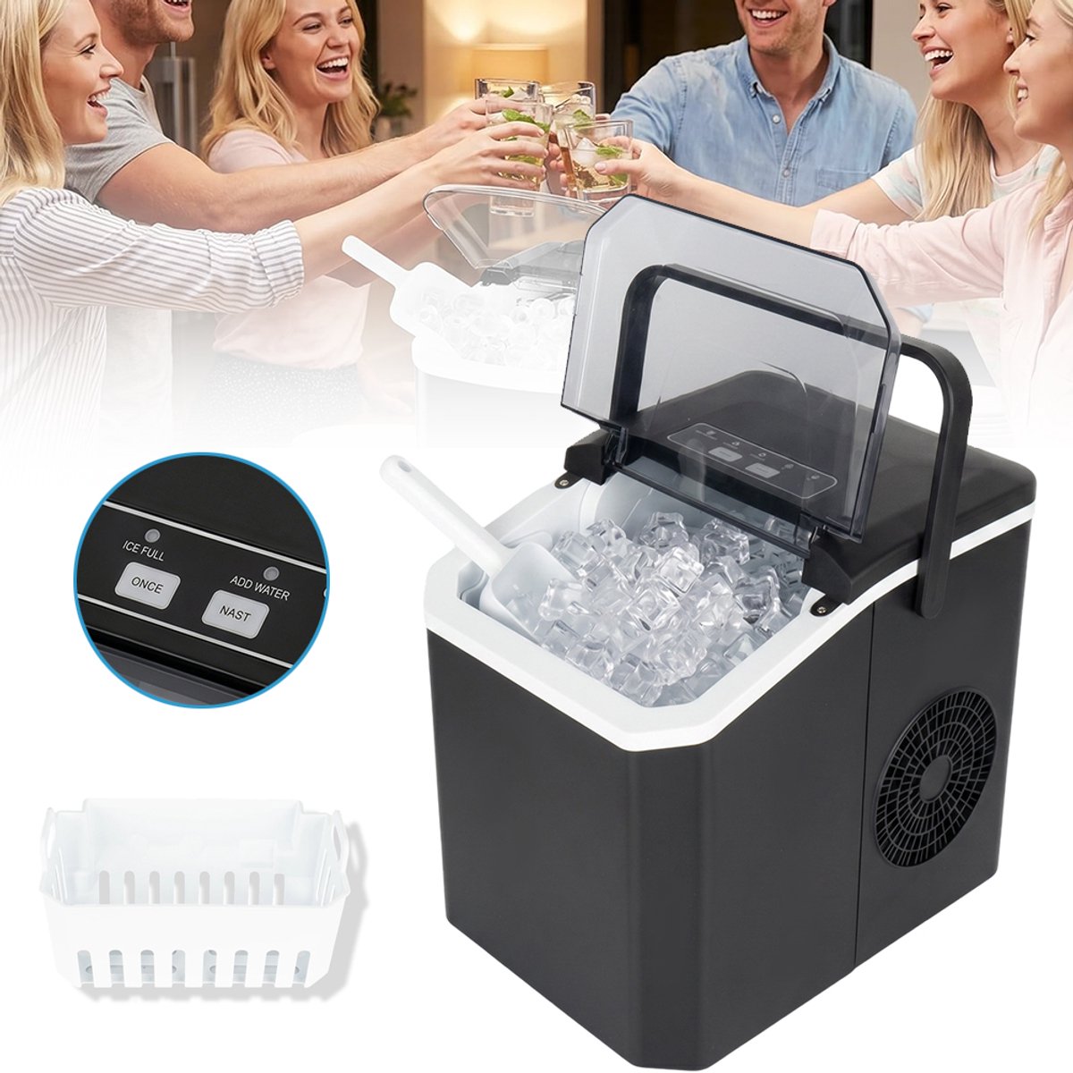 1.3L Ijsblokjesmachine Voor Op Het Aanrecht - Ijsmachine Met Draagbaar Handvat Mandje En Schepje - 9 Bullet Cubes In 6-13 Minuten