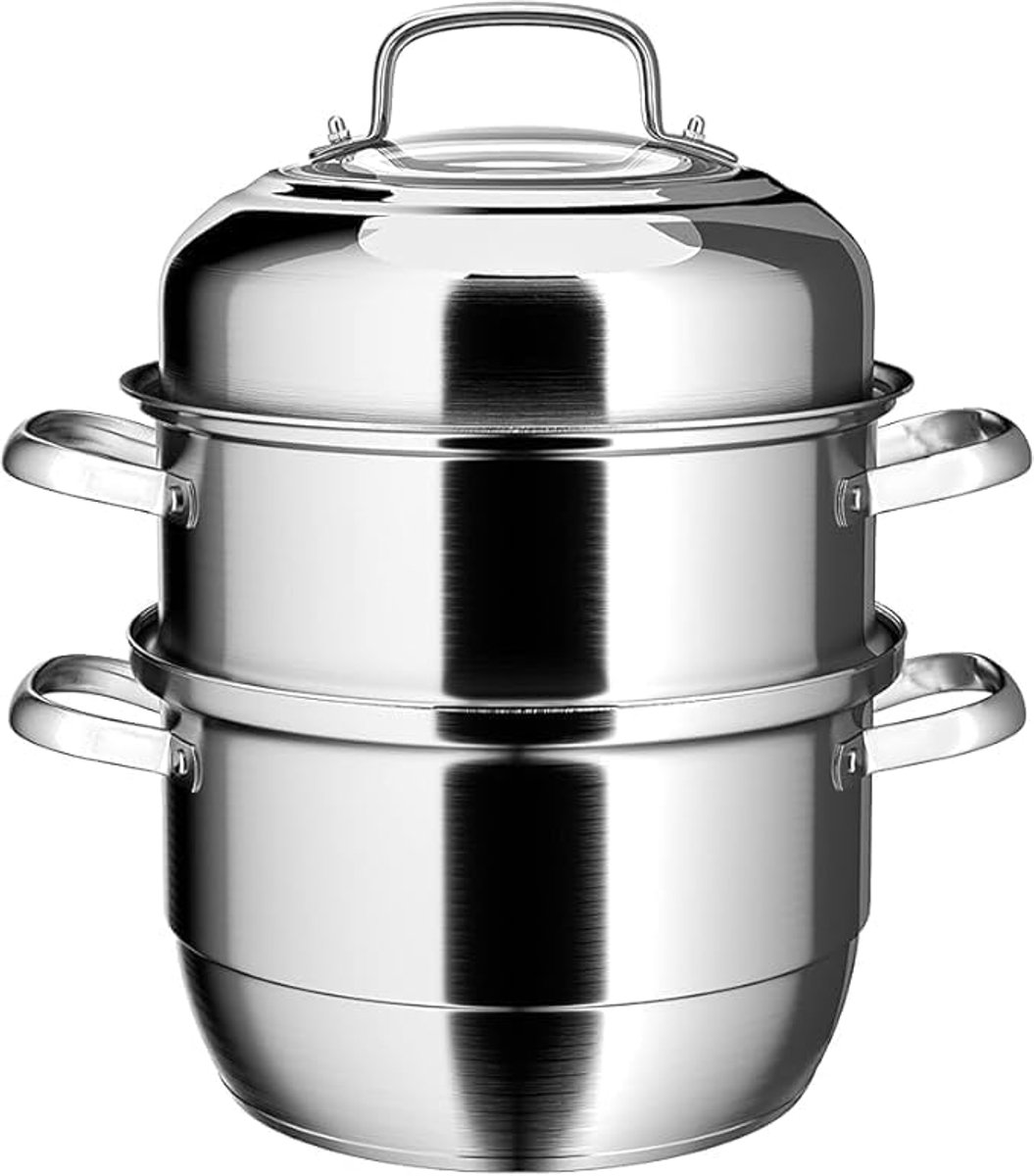 Inductie Stoomboot - Stoompan - Gezond Koken - 3-laags Bodem - 28 cm Diameter - Zilver