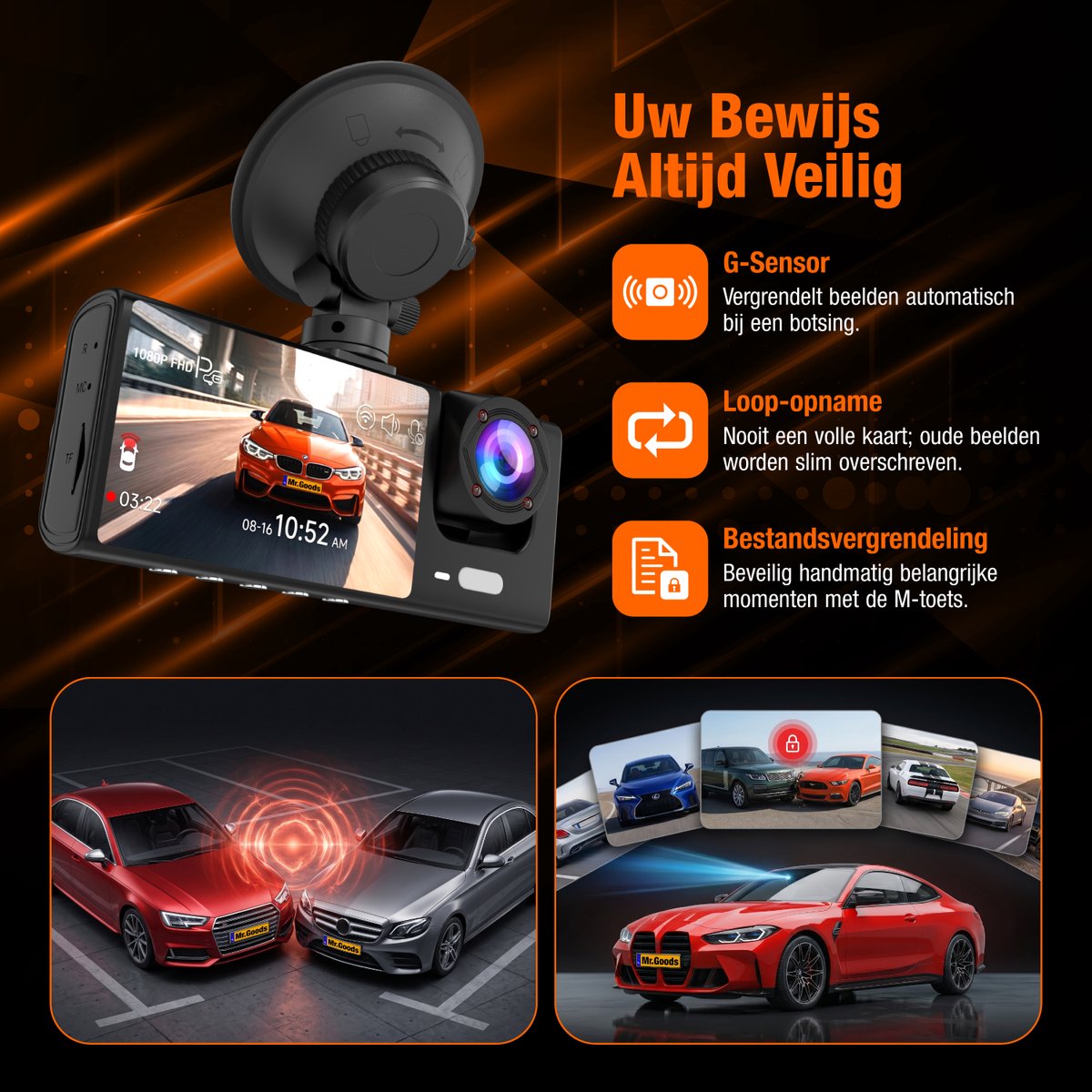 MrGoods Dashcam Auto - Triple Lens Dashcam Voor Achter Binnen Camera - Wifi - 1080P Full HD - Nachtzicht - G-Sensor - Parkeermodus - Looprecording – foto 3