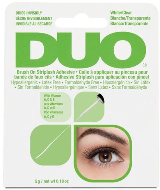 Verpakking met DUO wimperlijm, wit/clear, met instructies en afbeelding van oog.