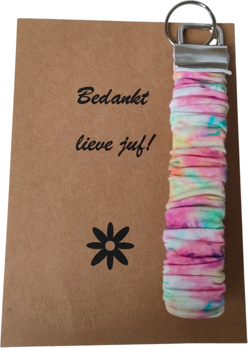 scrunchie sleutelhanger - bedankt lieve juf - multicolor - sleutelhanger - juffendag - cadeautje juf - handgemaakt