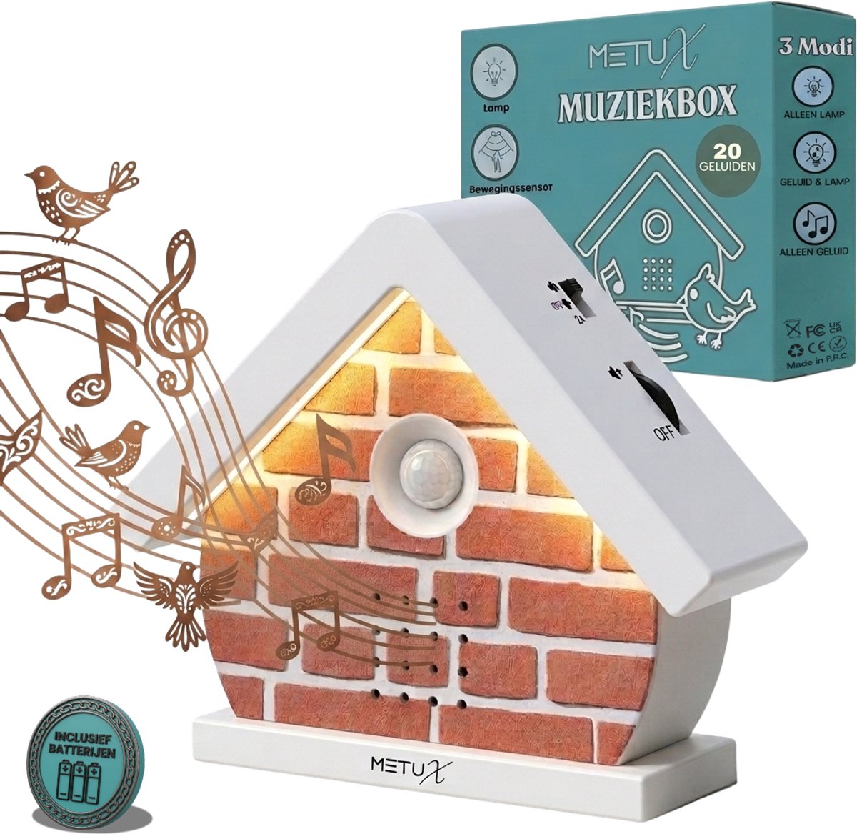 MetuX® - vogelhuisje met geluid - met led lamp - 20 geluiden - incl. batterijen - 3 modi en 5 timerfuncties - vogelgeluiden huisje met sensor - vogelgeluiden huisje - Vogelgeluiden Huisje Voor op Toilet - Natuurgeluiden box - Bruin