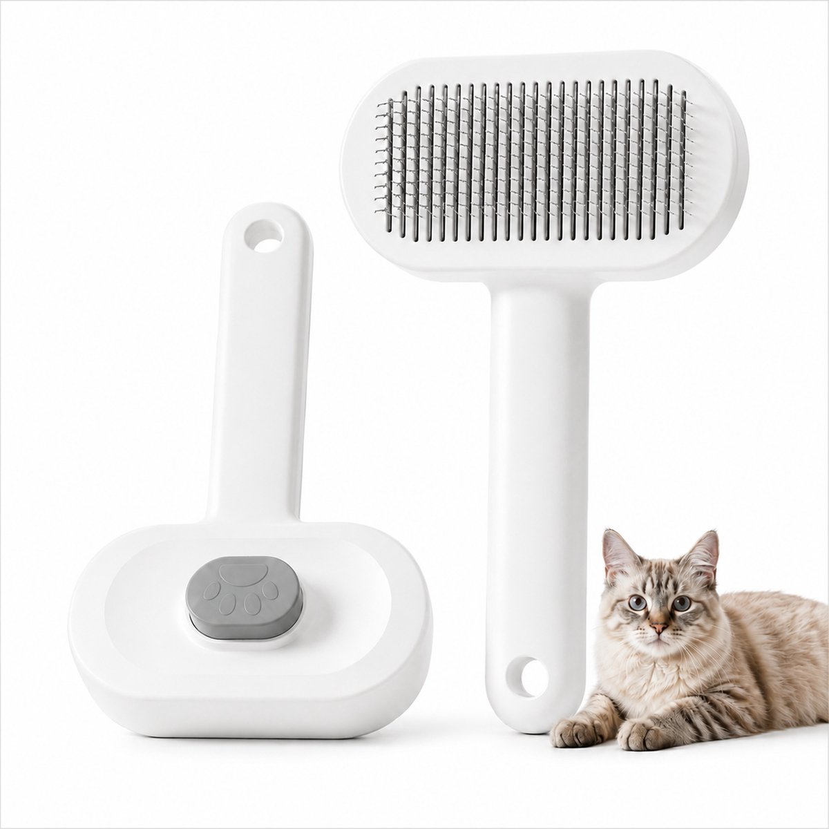 DOWO Kattenborstel - Hondenborstel - Zelfreinigende Borstel voor Kat en Hond - Kattenkam en Hondenkam - Vachtborstel Anti-verhaar - Ontklitborstel - Wit