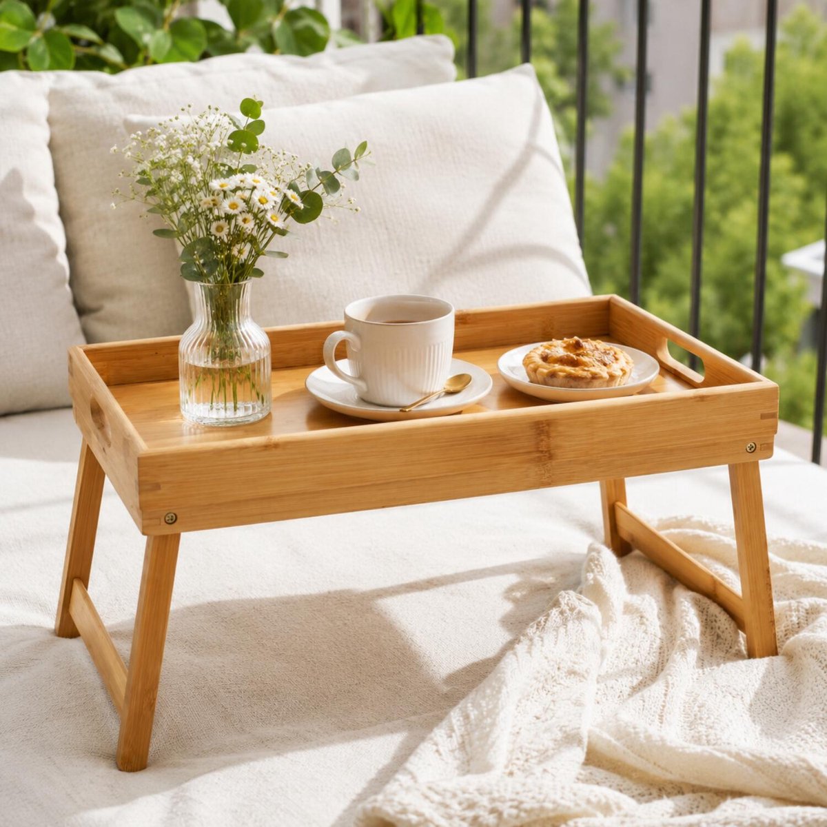Gerimport Dienblad / serveer butler tray - op pootjes - inklapbaar - bamboe hout - bruin - 47 x 27 x 22 cm - rechthoekig — cadeau in Koken & Dineren - foto 3