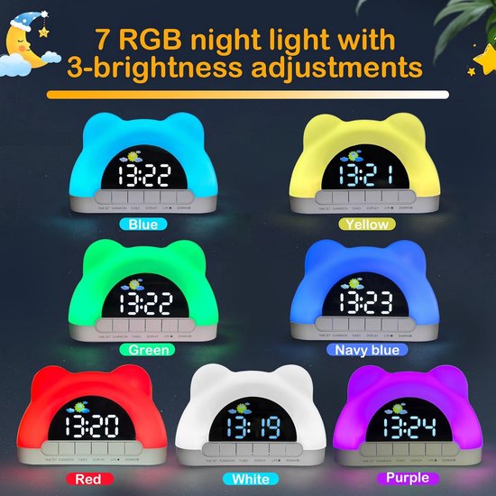 Kinderwekker Slaaptrainer - Nachtlamp Geluidsmachine - Ochtendroutine Leren - Dubbele Alarmen Instelbaar - 11 RGB Kleuren - Wit — afbeelding 3