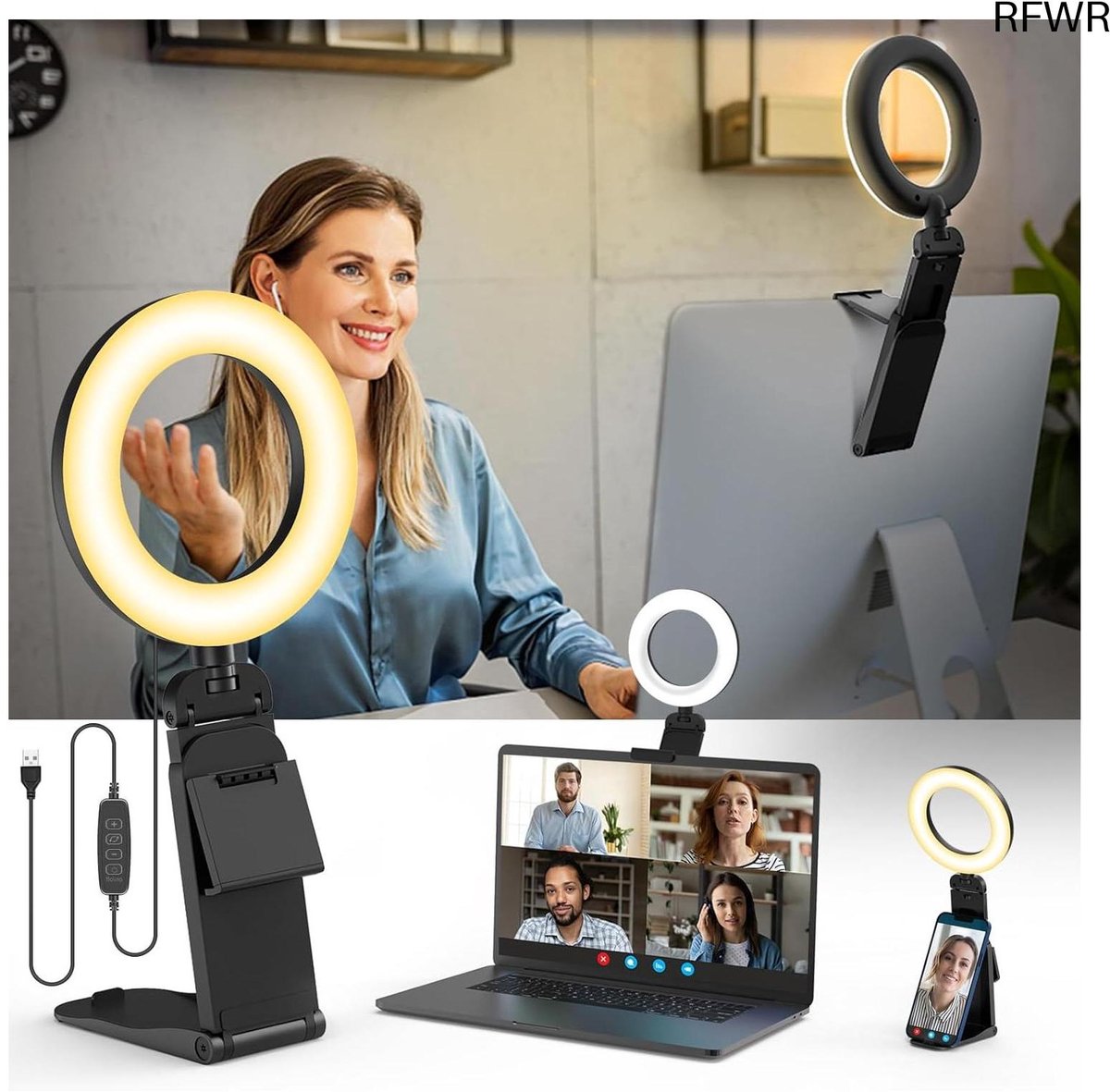 Ringlamp LED - Videolamp Laptop - Online vergaderen - 3 Kleuren 10 standen - 5 Inch - Zwart
